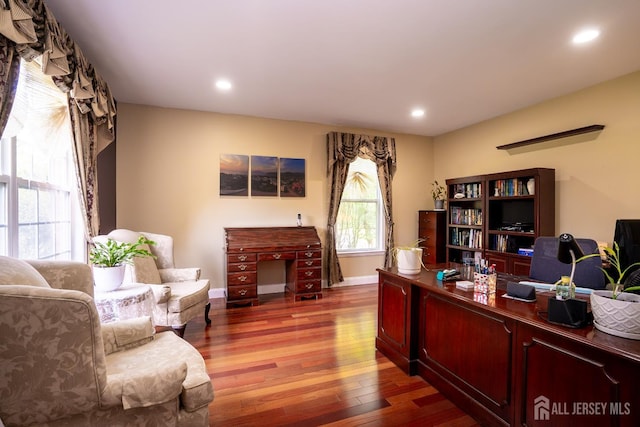 office featuring wood finished floors, recessed lighting, and baseboards
