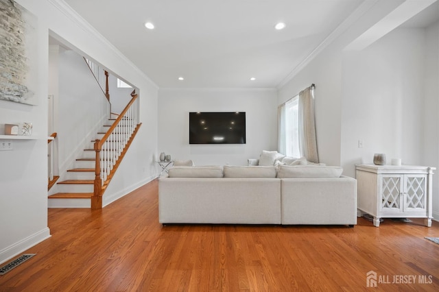 22 Sadowski Dr, Old Bridge, NJ 08857 - living room featuring stairs, ornamental molding, wood finished floors, and recessed lighting