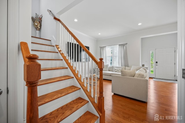22 Sadowski Dr, Old Bridge, NJ 08857 - stairway with wood finished floors, recessed lighting, and ornamental molding