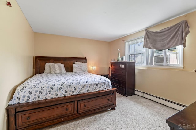 carpeted bedroom featuring cooling unit and a baseboard radiator