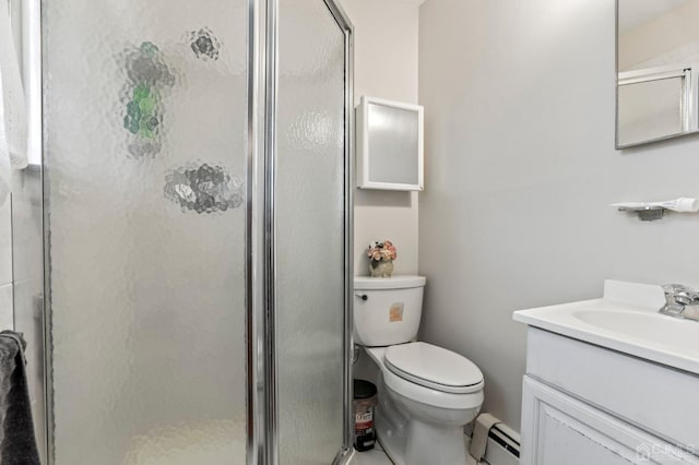 bathroom with a shower with door, vanity, a baseboard radiator, and toilet