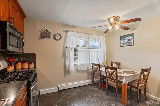 dining space featuring ceiling fan and a baseboard heating unit