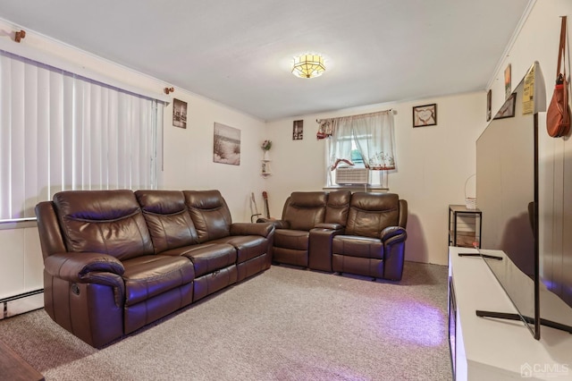 living room featuring carpet floors, cooling unit, and a baseboard heating unit