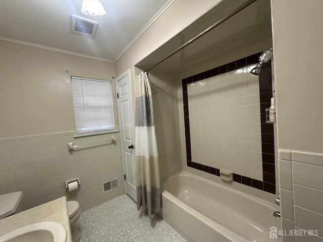 741 S Middlesex Ave S, Colonia, NJ 07067 - full bath featuring toilet, tile patterned floors, shower / tub combo, tile walls, and crown molding