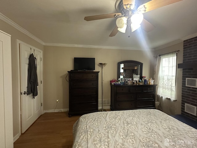 741 S Middlesex Ave S, Colonia, NJ 07067 - bedroom with wood finished floors, ornamental molding, a brick fireplace, baseboards, and ceiling fan