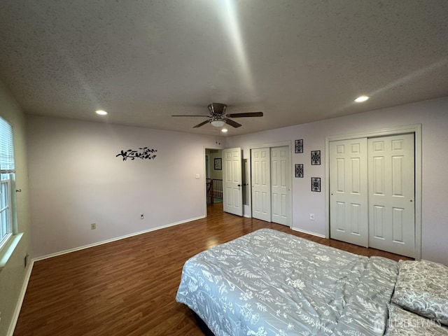 741 S Middlesex Ave S, Colonia, NJ 07067 - bedroom with two closets, baseboards, dark wood finished floors, recessed lighting, and ceiling fan