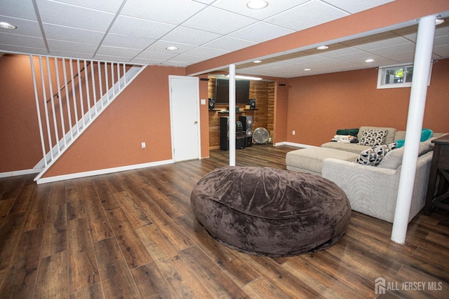 1 Stradford Rd, Sayreville, NJ 08859 - living room with stairway, wood finished floors, recessed lighting, and a drop ceiling