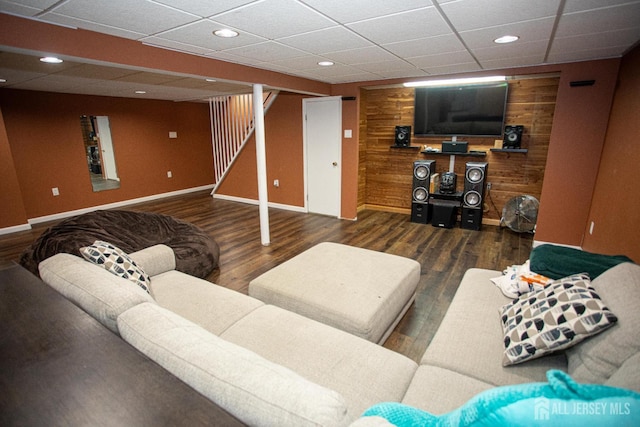 1 Stradford Rd, Sayreville, NJ 08859 - living room featuring wood walls, a paneled ceiling, wood finished floors, recessed lighting, and stairway