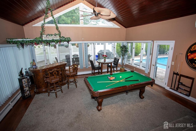 1 Stradford Rd, Sayreville, NJ 08859 - rec room with baseboard heating, wood ceiling, healthy amount of natural light, wood finished floors, and billiards table