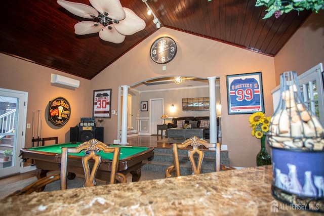 1 Stradford Rd, Sayreville, NJ 08859 - recreation room with ornate columns, a wall mounted air conditioner, billiards, vaulted ceiling, and wood ceiling