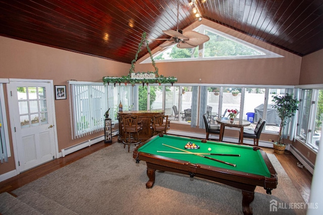1 Stradford Rd, Sayreville, NJ 08859 - rec room featuring billiards table, a baseboard radiator, wooden ceiling, a bar, and ceiling fan