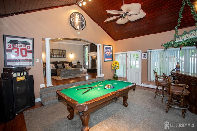1 Stradford Rd, Sayreville, NJ 08859 - recreation room featuring wooden ceiling, ornate columns, billiards, a ceiling fan, and arched walkways