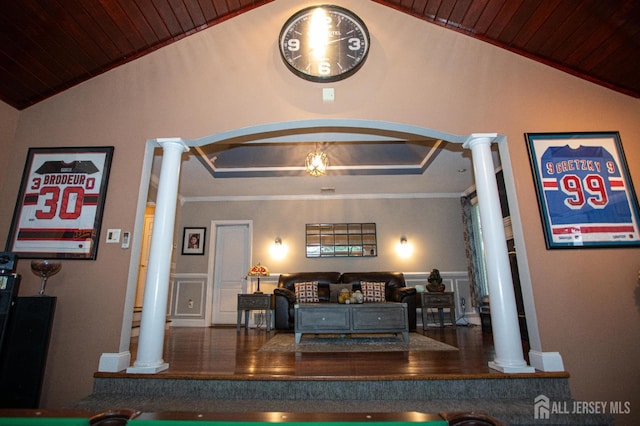 1 Stradford Rd, Sayreville, NJ 08859 - living area featuring decorative columns, wooden ceiling, vaulted ceiling, and arched walkways