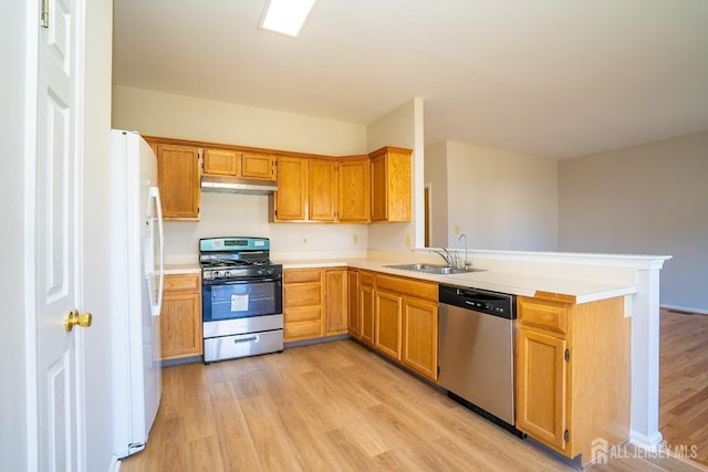 17 Larkspur Dr, South Brunswick, NJ 08810 - kitchen featuring a sink, light wood-type flooring, a peninsula, under cabinet range hood, and stainless steel appliances
