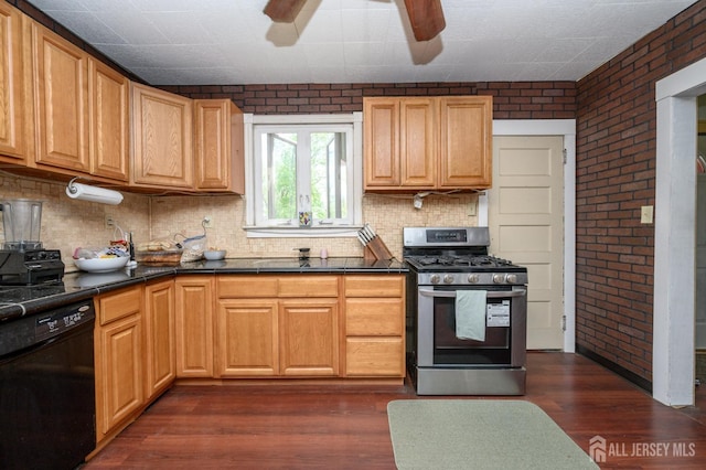 kitchen featuring stainless steel gas range, a ceiling fan, brick wall, and black dishwasher