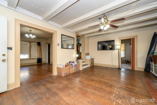 unfurnished living room featuring wood-type flooring, ceiling fan with notable chandelier, and beam ceiling