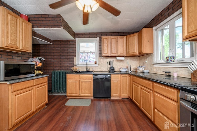 kitchen with a sink, radiator heating unit, black dishwasher, a ceiling fan, and stainless steel microwave