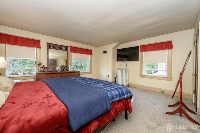 bedroom featuring radiator heating unit and carpet floors