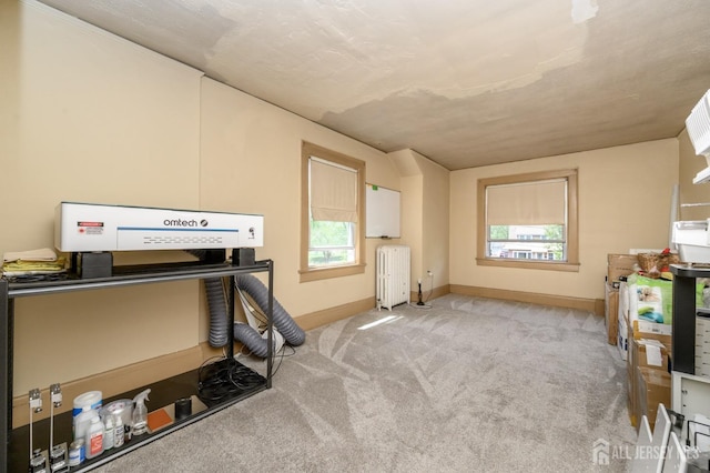 interior space with radiator, plenty of natural light, carpet, and baseboards