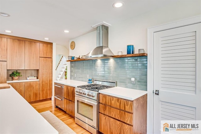 12 S 8th Ave, Highland Park, NJ 08904 - kitchen featuring stainless steel gas stove, extractor fan, open shelves, modern cabinets, and recessed lighting