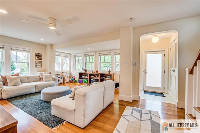 12 S 8th Ave, Highland Park, NJ 08904 - living room with light wood-style flooring, plenty of natural light, ceiling fan, and recessed lighting
