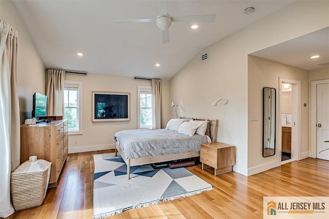 12 S 8th Ave, Highland Park, NJ 08904 - bedroom with light wood-type flooring, baseboards, recessed lighting, lofted ceiling, and ceiling fan