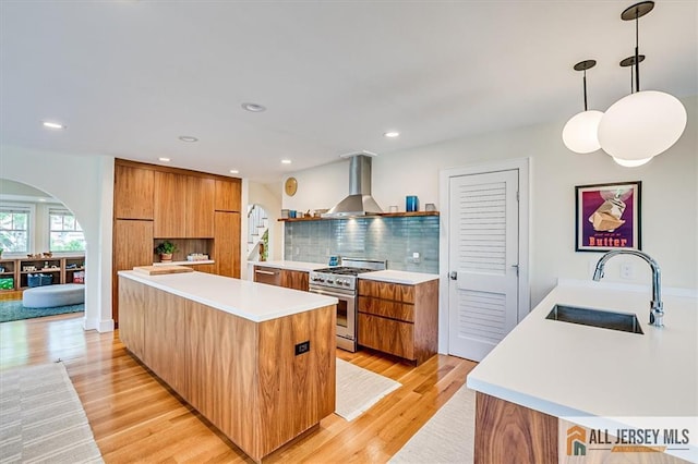 12 S 8th Ave, Highland Park, NJ 08904 - kitchen featuring high end range, range hood, a sink, open shelves, and modern cabinets