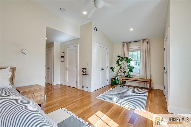 12 S 8th Ave, Highland Park, NJ 08904 - bedroom featuring light wood-type flooring, lofted ceiling, baseboards, and a ceiling fan
