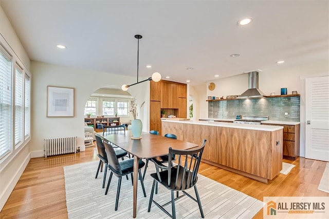 12 S 8th Ave, Highland Park, NJ 08904 - dining space featuring radiator heating unit, arched walkways, light wood-style flooring, recessed lighting, and baseboards