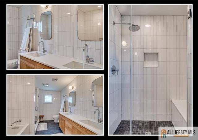 12 S 8th Ave, Highland Park, NJ 08904 - full bathroom with toilet, tile walls, a shower stall, and double vanity