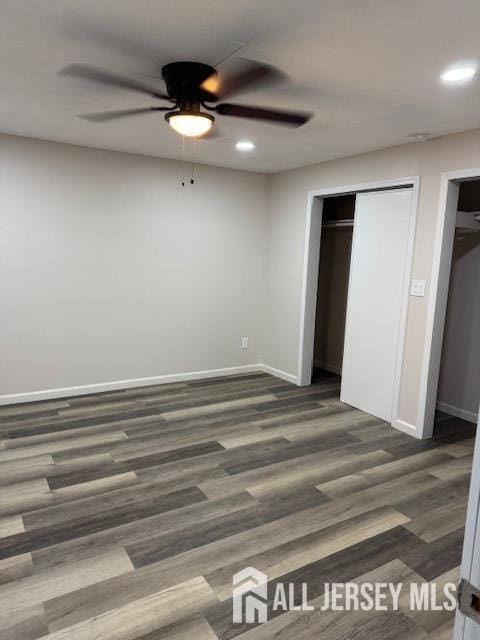 601 Ridgeway Ave, South Amboy, NJ 08879 - unfurnished bedroom featuring baseboards, dark wood-type flooring, recessed lighting, a ceiling fan, and a closet