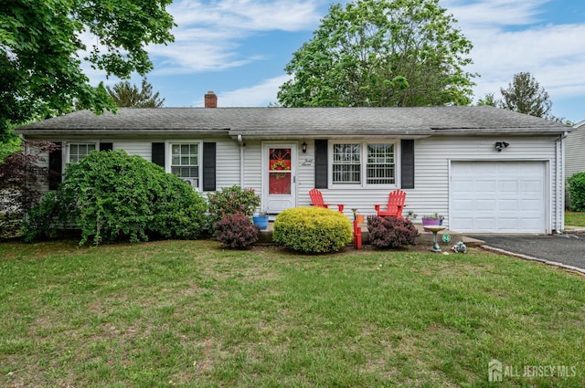 47 Brandywine Cir, Piscataway, NJ 08854 - ranch-style house featuring an attached garage, a chimney, driveway, and a front lawn