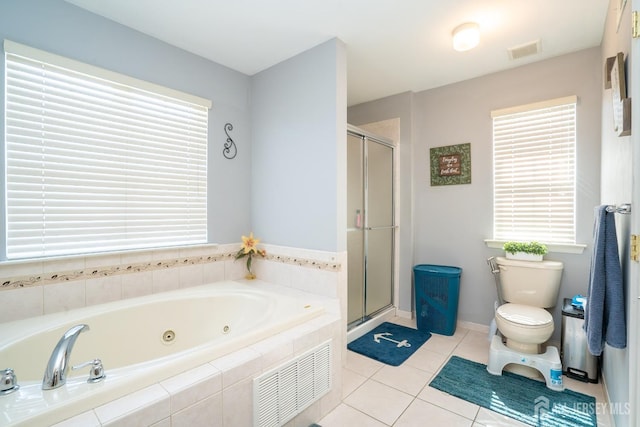 345 Morning Glory Dr, Monroe, NJ 08831 - bathroom featuring a shower stall, a tub with jets, toilet, tile patterned flooring, and visible vents