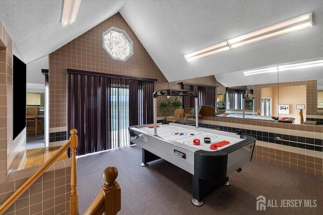 135 Hatfield Ln, East Brunswick, NJ 08816 - rec room featuring a textured ceiling, lofted ceiling, and carpet floors