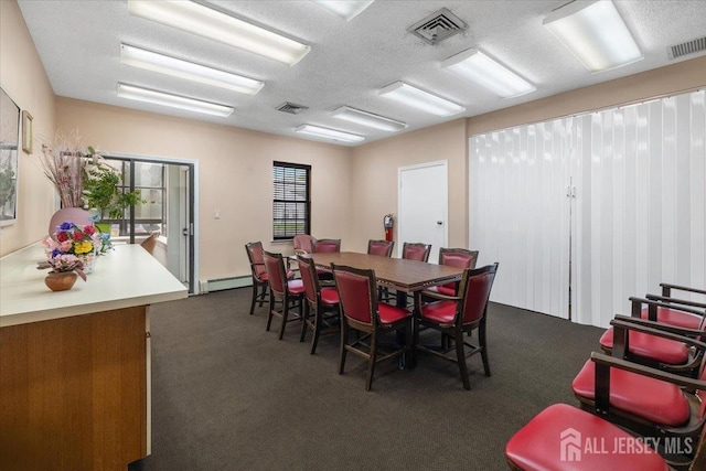 135 Hatfield Ln, East Brunswick, NJ 08816 - dining area featuring visible vents, dark carpet, and a baseboard radiator