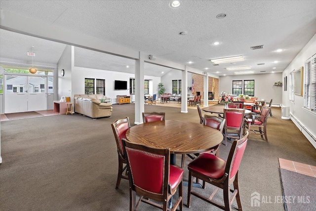 135 Hatfield Ln, East Brunswick, NJ 08816 - carpeted dining area featuring a textured ceiling, visible vents, recessed lighting, and baseboards