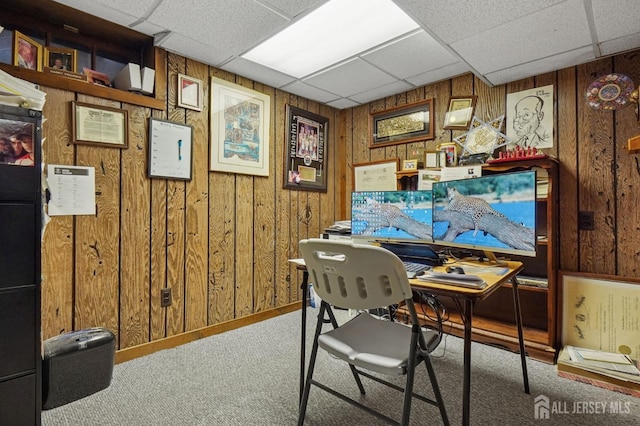 4 Franklin Ct, East Brunswick, NJ 08816 - carpeted home office featuring a drop ceiling, wooden walls, and baseboards