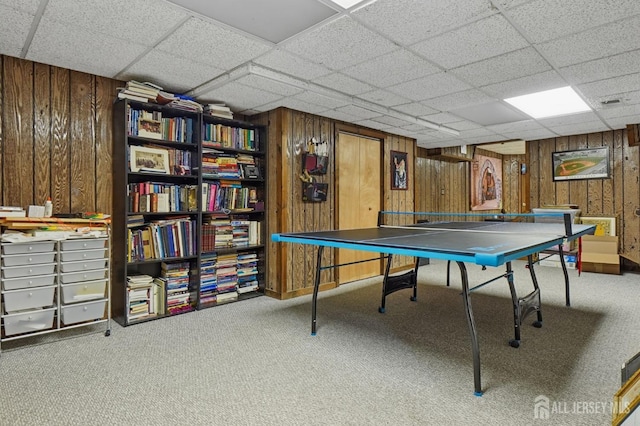 4 Franklin Ct, East Brunswick, NJ 08816 - game room featuring wood walls, carpet floors, and a paneled ceiling