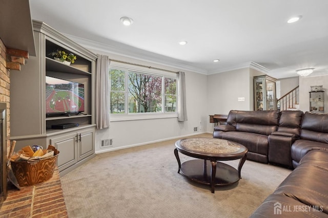 4 Franklin Ct, East Brunswick, NJ 08816 - living area with stairs, ornamental molding, recessed lighting, carpet, and baseboards