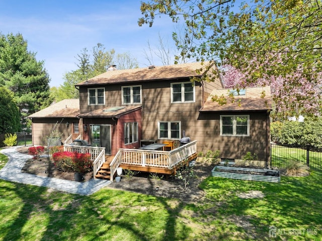 4 Franklin Ct, East Brunswick, NJ 08816 - rear view of property featuring a deck, a chimney, a shingled roof, and a vegetable garden