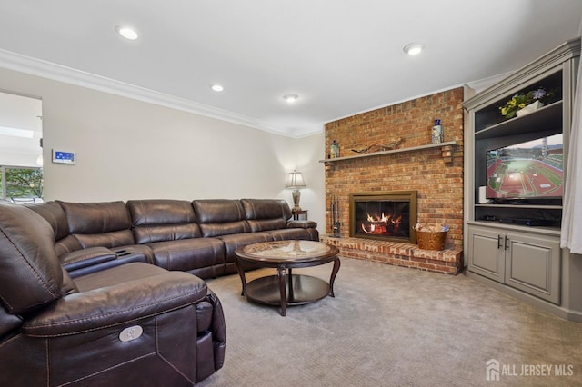 4 Franklin Ct, East Brunswick, NJ 08816 - living area featuring crown molding, a brick fireplace, light colored carpet, and recessed lighting