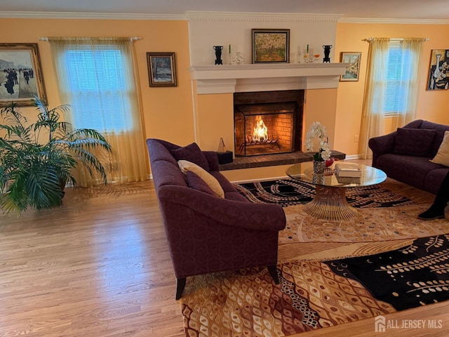 17 SE Candle Ln, East Brunswick, NJ 08816 - living room featuring a warm lit fireplace, ornamental molding, and wood finished floors