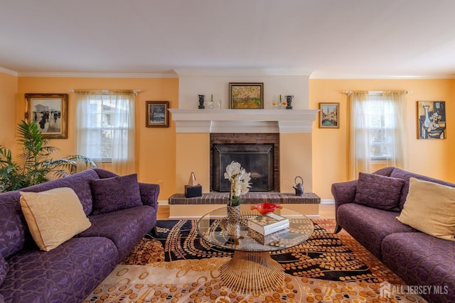 17 SE Candle Ln, East Brunswick, NJ 08816 - living area with crown molding, plenty of natural light, and a brick fireplace