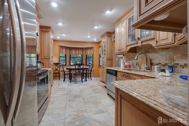 2 Kerry Ct, Old Bridge, NJ 08857 - kitchen with stainless steel appliances, light stone counters, decorative backsplash, crown molding, and glass insert cabinets