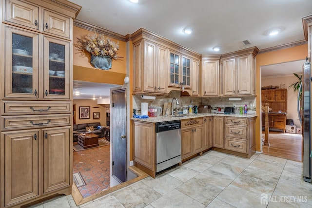 2 Kerry Ct, Old Bridge, NJ 08857 - kitchen featuring stainless steel appliances, light stone counters, ornamental molding, tasteful backsplash, and glass insert cabinets