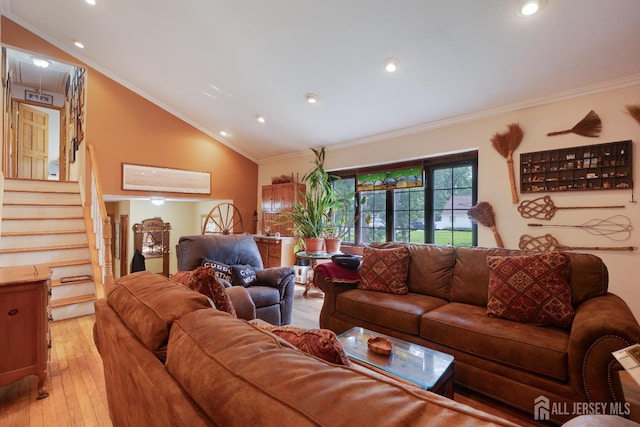 2 Kerry Ct, Old Bridge, NJ 08857 - living room featuring vaulted ceiling, crown molding, light wood-type flooring, stairs, and recessed lighting