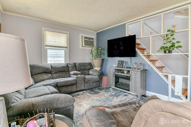 9 Macarthur Ave, Spotswood, NJ 08884 - living room with crown molding, a textured ceiling, stairs, and an AC wall unit