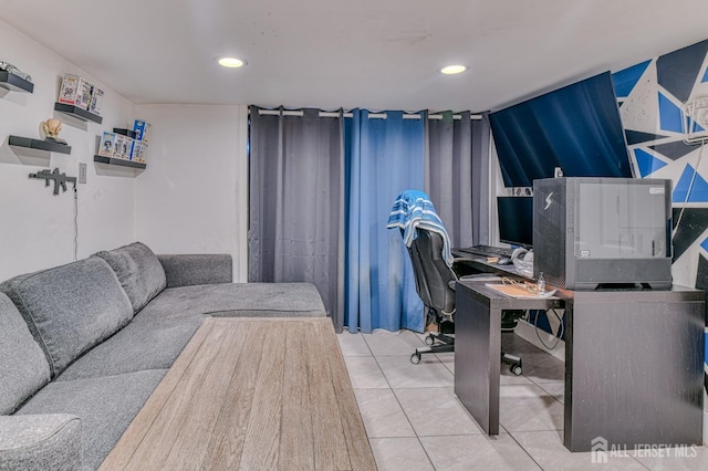 home office with tile patterned flooring and recessed lighting