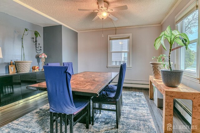 9 Macarthur Ave, Spotswood, NJ 08884 - dining space featuring a textured ceiling, dark wood-type flooring, healthy amount of natural light, crown molding, and a ceiling fan