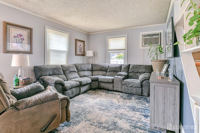 living area featuring ornamental molding, a wall mounted AC, and a textured ceiling